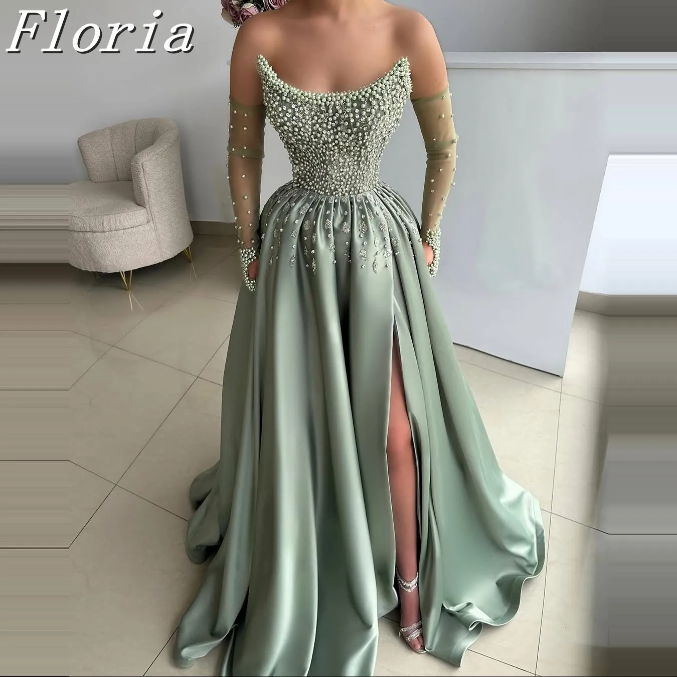 

New Fashin Green Pearls Satin Mermaid Evening Dress Sleeveless Bodycon Long Prom Dresses Sexy Side Slit Party Dresses For Woman