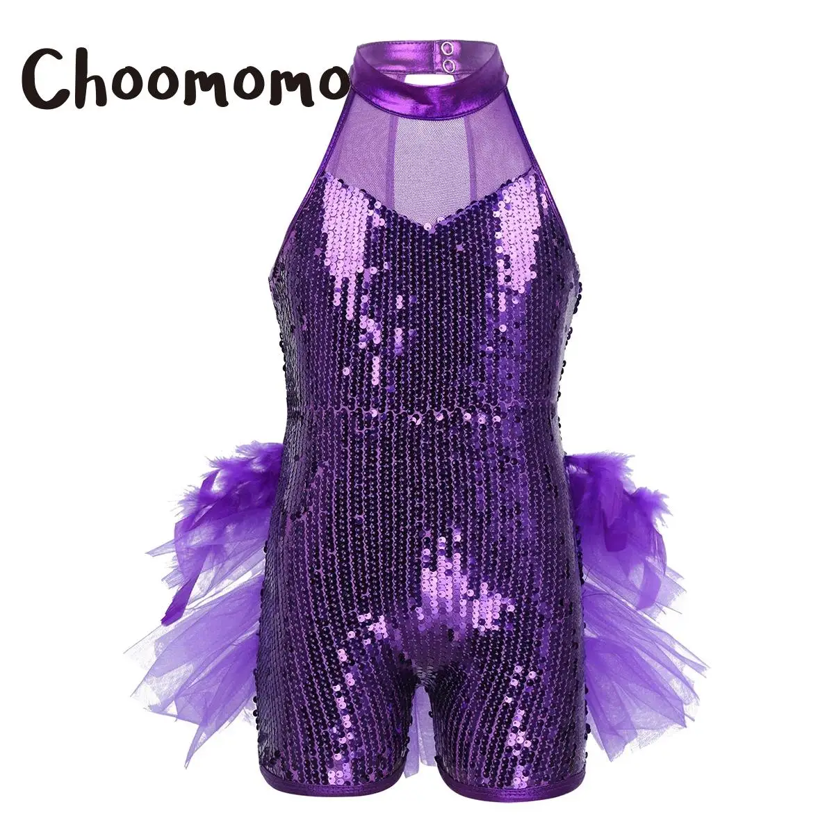 

Girls Sleeveless Jazz Latin Ballet Dance Leotard Shiny Feather Tutu Bodysuit Sequin Dance Jumpsuit Gymnastics Unitard Performanc