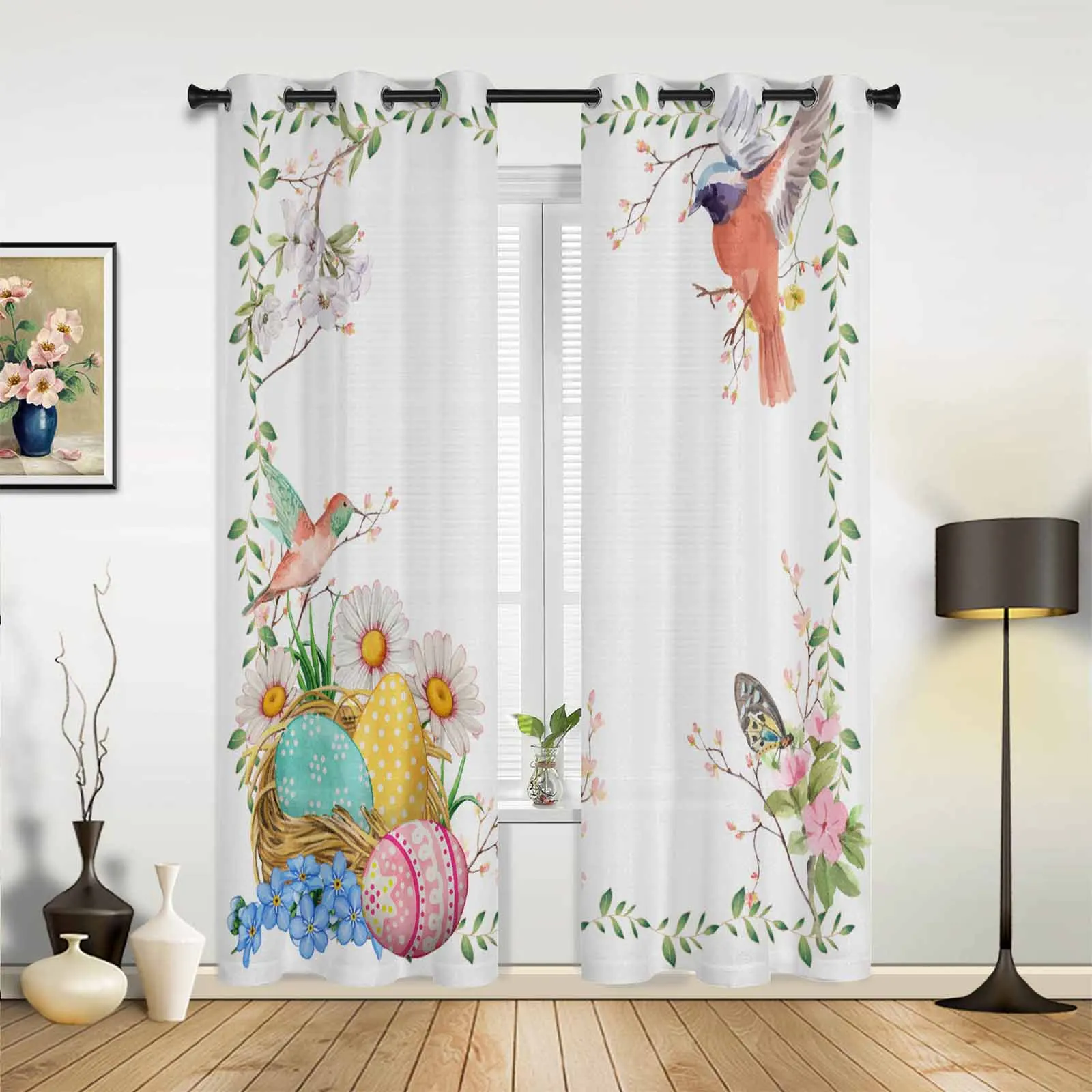 Bird Easter Eggs Plant Leaves Flowers Modern Hall Curtains for Living Room Bedroom Window Curtains Panels Drapes