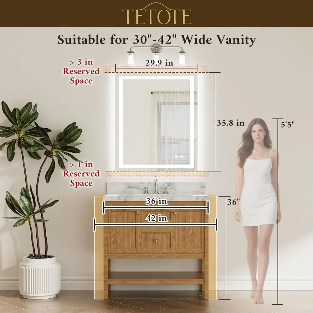 Miroir de courtoisie rétroéclairé 30 x 36 pouces avec lumières LED à intensité variable 3 couleurs, antibuée, étanche, verre trempé