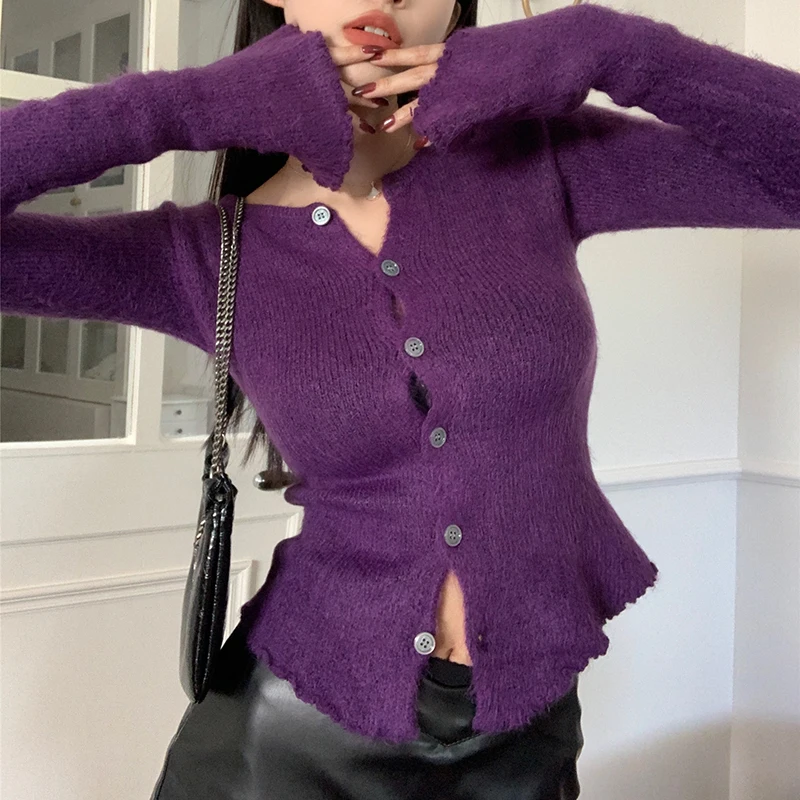 New Imitation Mink Knitted Cardigan Sexy Purple Knitted Tight Irregular Cardigan Long-sleeve Single Breasted Sweater Coat Tops