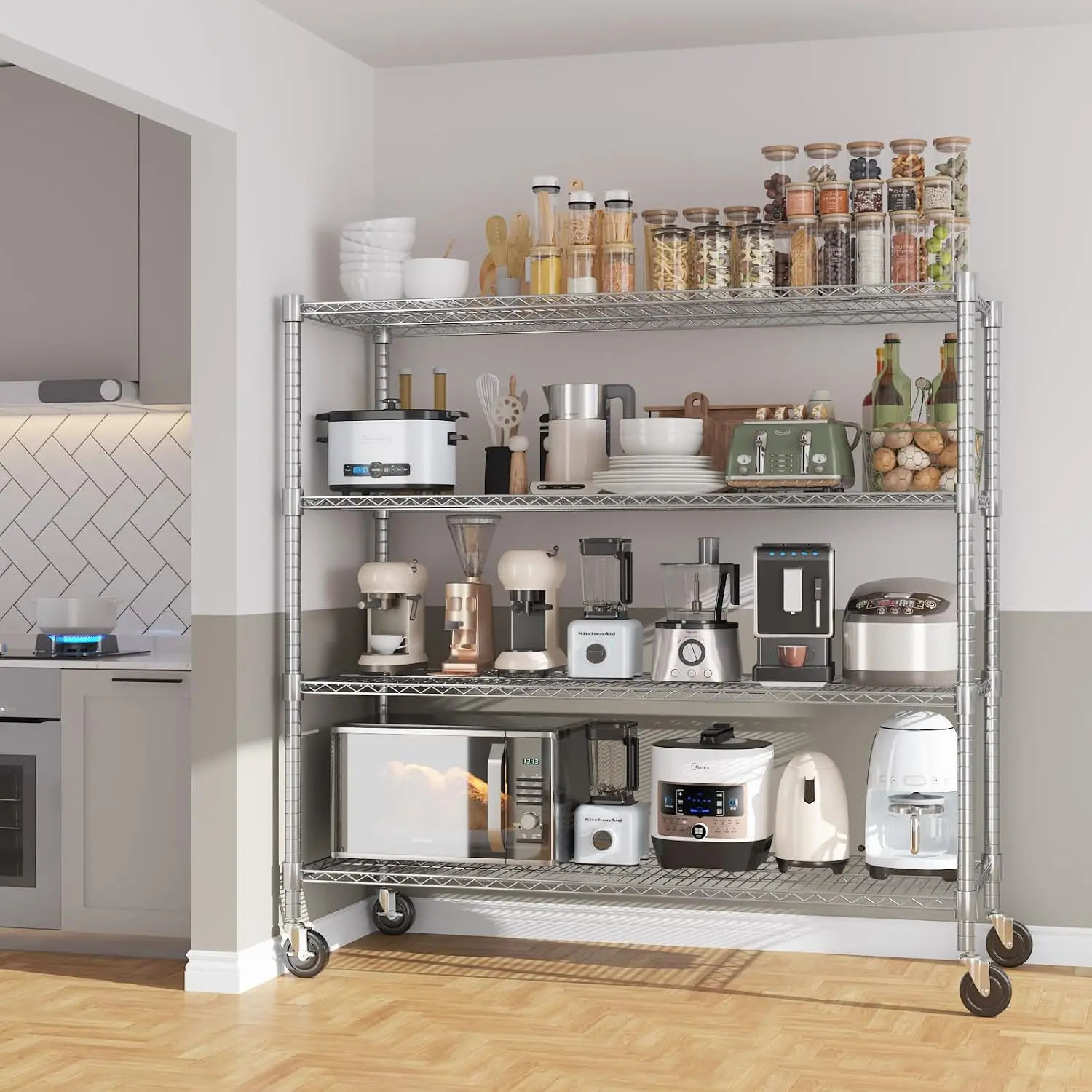 Metal Shelving 4 Tier Adjustable Wire Shelf with Wheels Heavy Duty Garage Kitchen Pantry Laundry 18