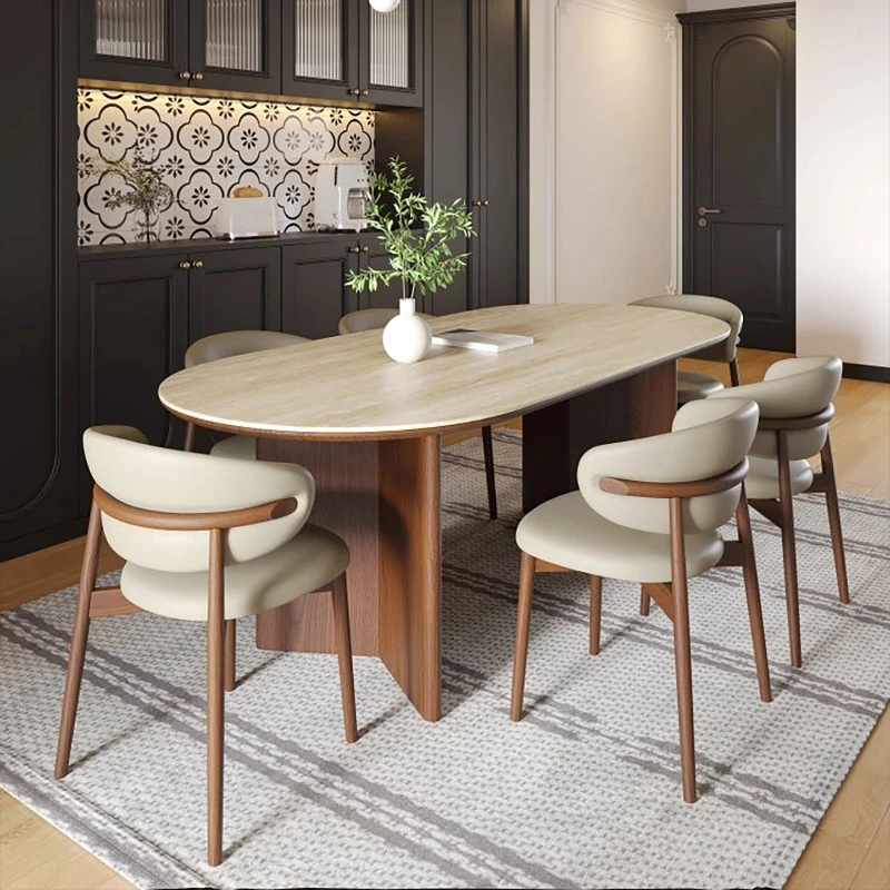 

Medieval travertine rock slab dining table household solid wood table retro oval log modern simple light luxury French style