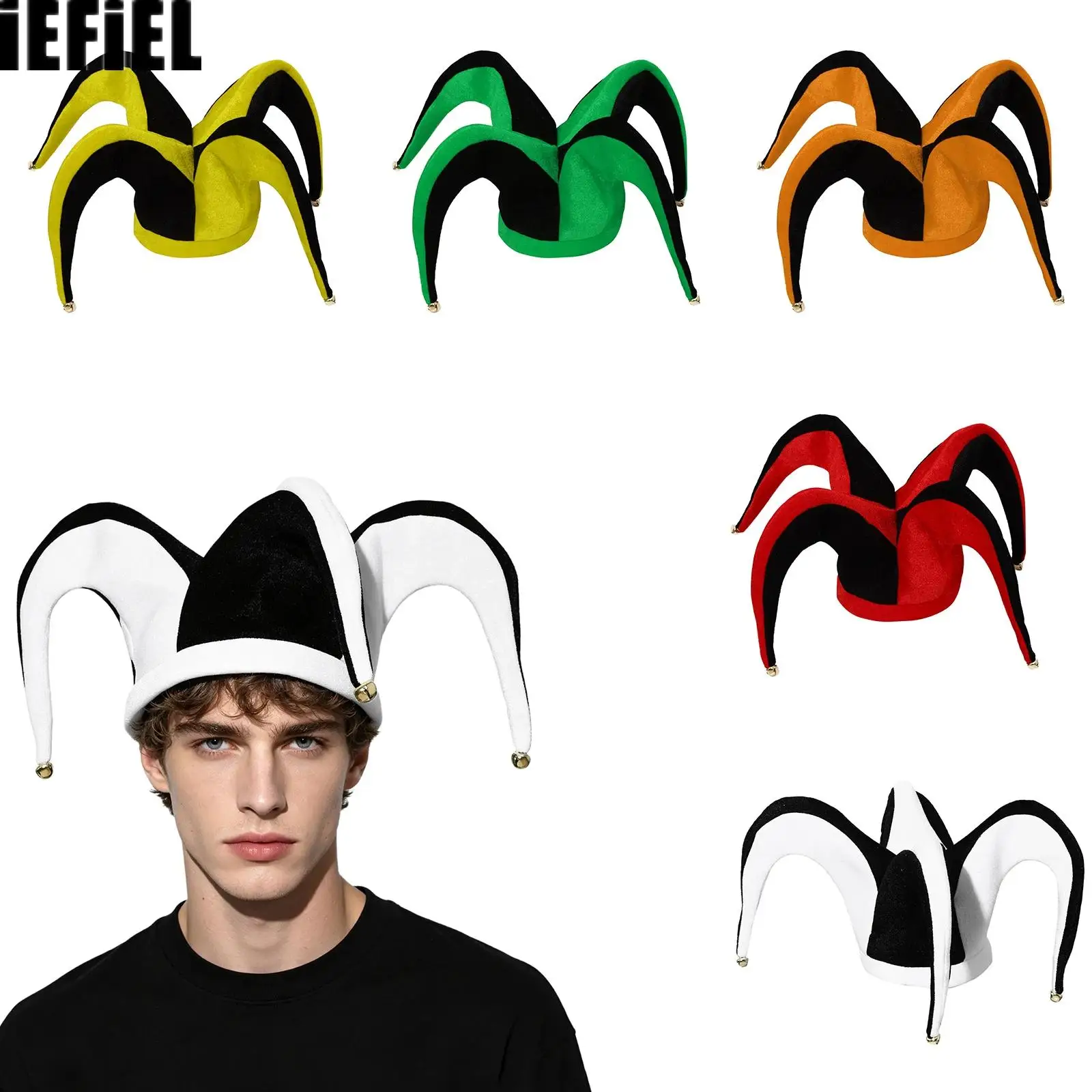 Adults Men Women Clown Contrast Color Funny Jester Hat Cap with Bells for Halloween Cosplay Carnival Stage Performances