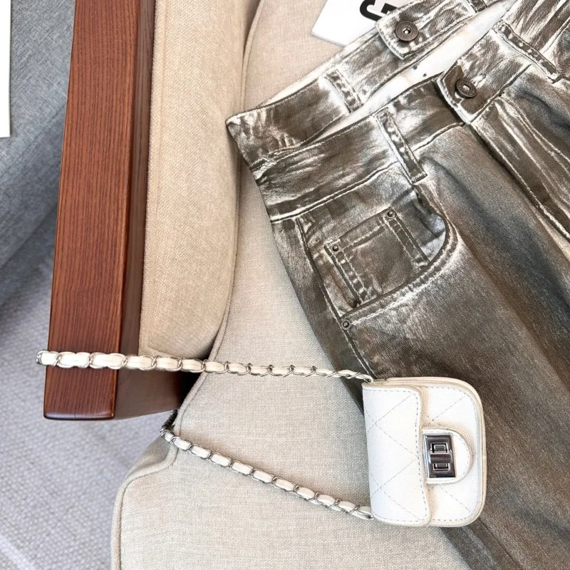 Primavera spice girl jeans de perna larga design infantil sentido solto mancha e fino versátil calças de chão reto estilo americano