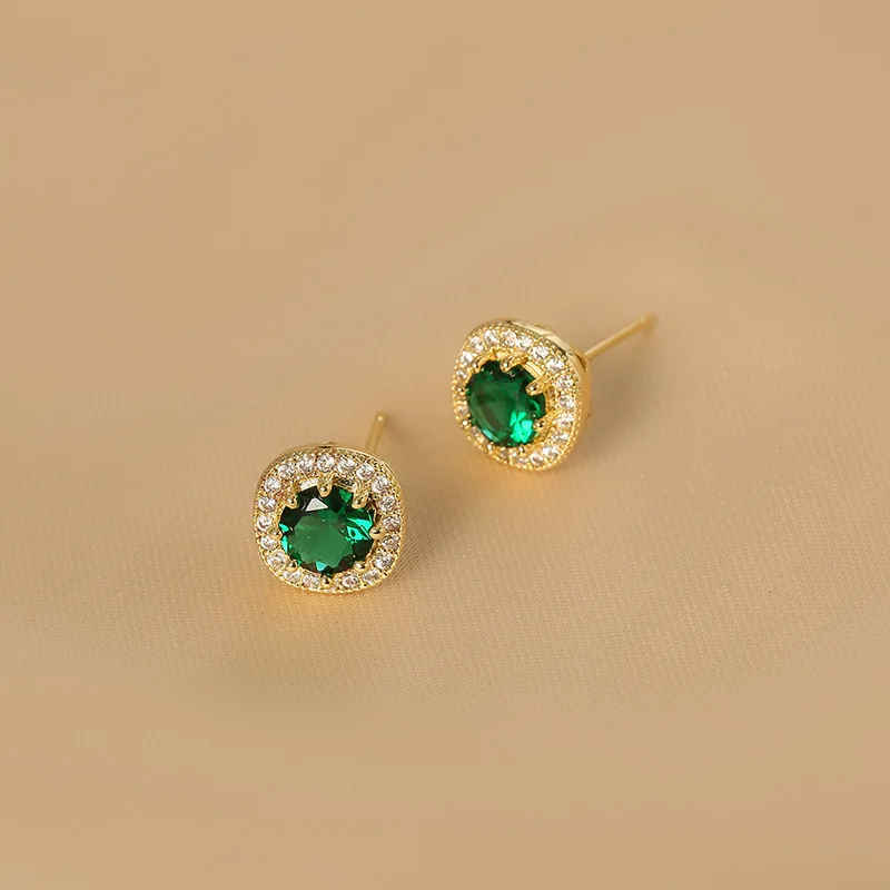Korean 925 Sterling Silver Green Round Zircon Crystal Stud Earrings for Women S925 Wedding Party Jewelry Gift Aretes De Mujer