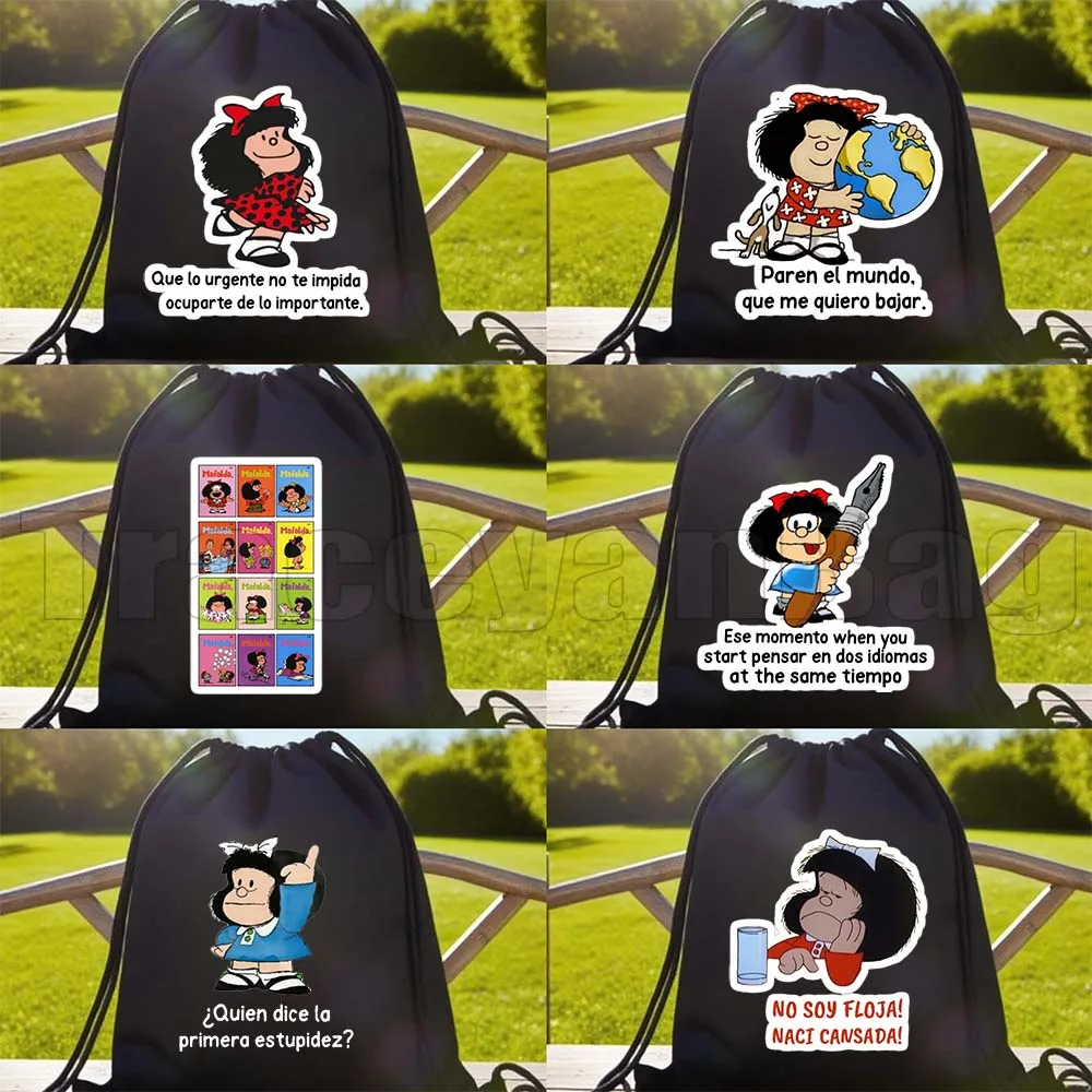 

Funny Cute Mafalda Comics Spanish Quotes Kawaii Cartoon Girl Mafalda Quino Comics Drawstring Soccer Backpack Sackpack String Bag