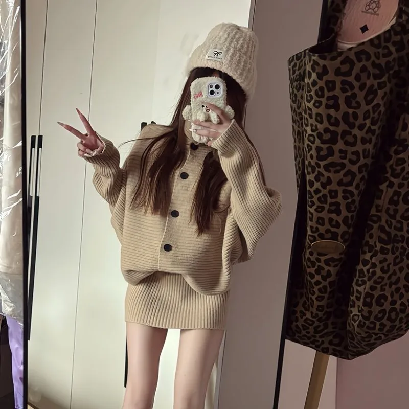 Women New 2026 Korean Daughter Knitted Suit Korean Version Casual Cardigan Slim Turtleneck Long-sleeved Top Skirt Two-piece Set