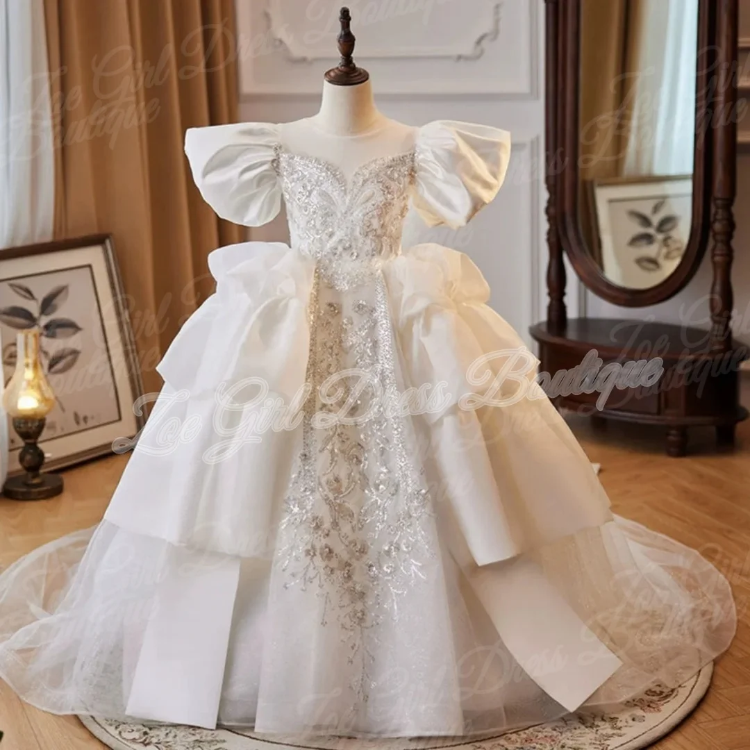 White Tulle Puff Sleeve Back Bow Flower Girl Gowns Gorgeous First Communion Attire Wedding Birthday Party Dresses Customized
