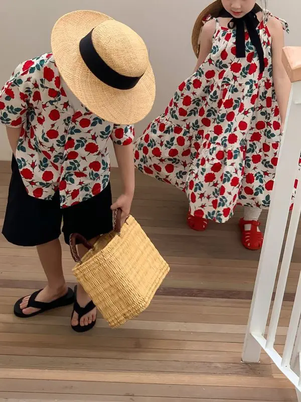 Siblings Outfit Children Summer Girls Retro Floral Suspender Dress Boys Short Sleeved Floral Shirt Set Siblings Outfit