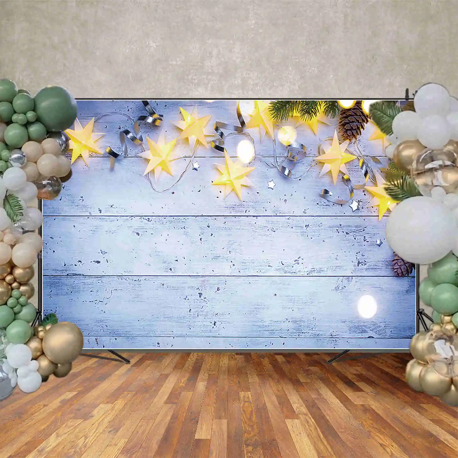 MOON.QG Christmas Pine Wooden Backdrop Boards Wood Product Photography Background Ornament Star Lighting Snowflake Shooting Prop