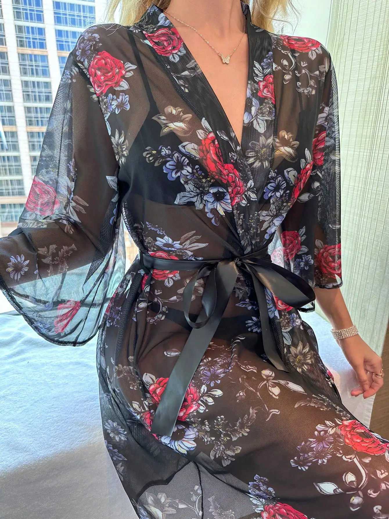 Sexy Bathrobe Froral Print Nightdress Mesh Nightwear Cozy Bridesmaid Wedding Party Floral Print  Night Robe