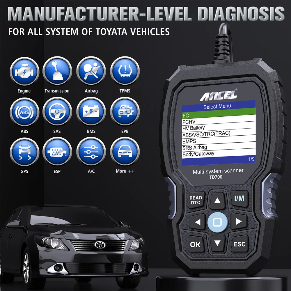 Ancel TD700 All System OBD2 Scanner Transmission TPMS Relearn ABS Engine Car Diagnostic Scan Tool for Toyota/Lexus/Scion