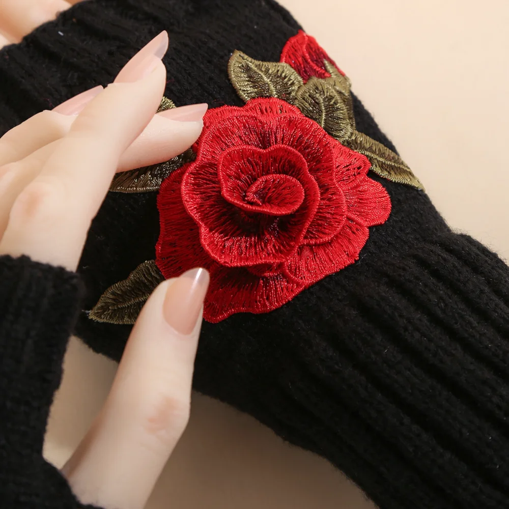Winter Floral Knitted Fingerless Gloves Women Thermal Arm Sleeves Soft Acrylic Fashion Half Finger Mittens Cozy Hand Wear