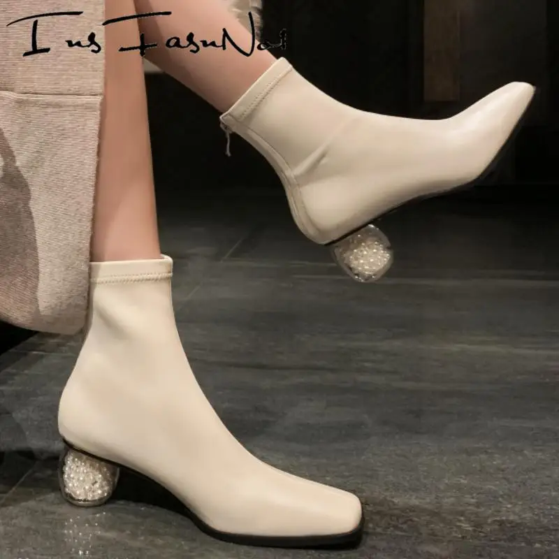 

Peal Strange Heels String Bead Stretch Women Ankle Boots Square Toe Solid Color Zipper Fashion Street Sexy Party Ladies Shoes