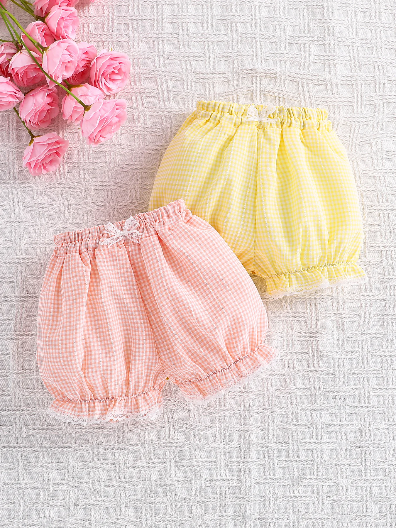 

Летние шорты в клетку для девочек, милые штаны с кружевными вставками, комплект из 2 штук, набор одежды для малышек