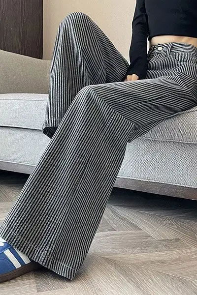 

Black Grey Spring Autumn Striped Loose Wide Leg Straight Tube Long Pants