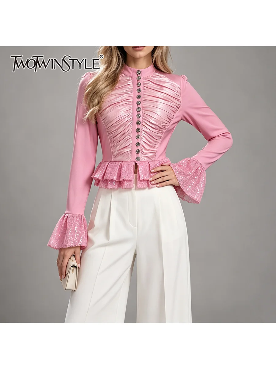 TWOTWINSTYLE Ruched Spliced Sequin Slimming Jacket for Women Stand Collar Long Sleeve Patchwork Button Ruffled Jackets Female