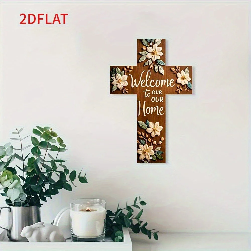 2D Vintage Metal Cross with Floral Design - 