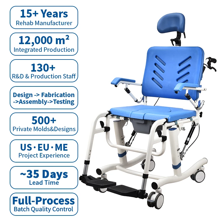 Height Adjustable Reclining Commode Chair With Wheels Safe Stable Design Bedside Shower Toilet Use For Elderly Disabled
