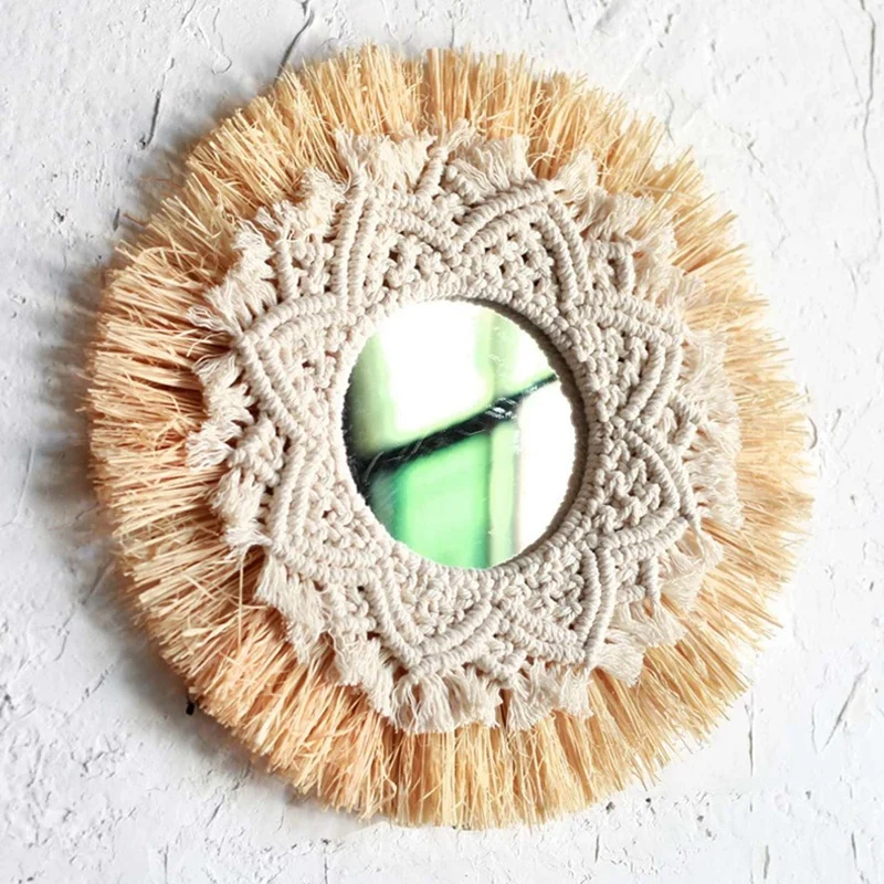 4X Nordic Straw Woven Hotel Bed And Breakfast Wall Boho Decor Handwoven Mirror Wall Decoration Macrame Decorative Mirror