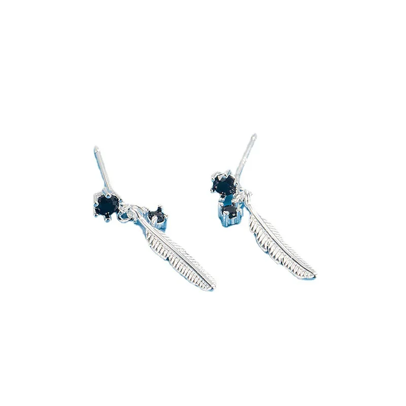 Sterling Silver Color Black Zircon Feather Ear-Sticks Women's Earrings Fashion Jewelry 2096