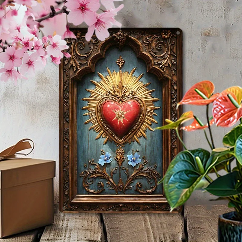 1pc Sacred Heart Aluminum Wall Art, 8x12inch Vintage Metal Tin Sign, Religious Home Decor for Living Room, Gym, Yacht