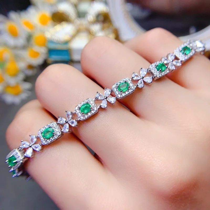 Real Natural Emerald 3x4mm Simple Bracelet 925 Sterling Silver Green Stone Bangle for Women Fine Wedding Jewelry