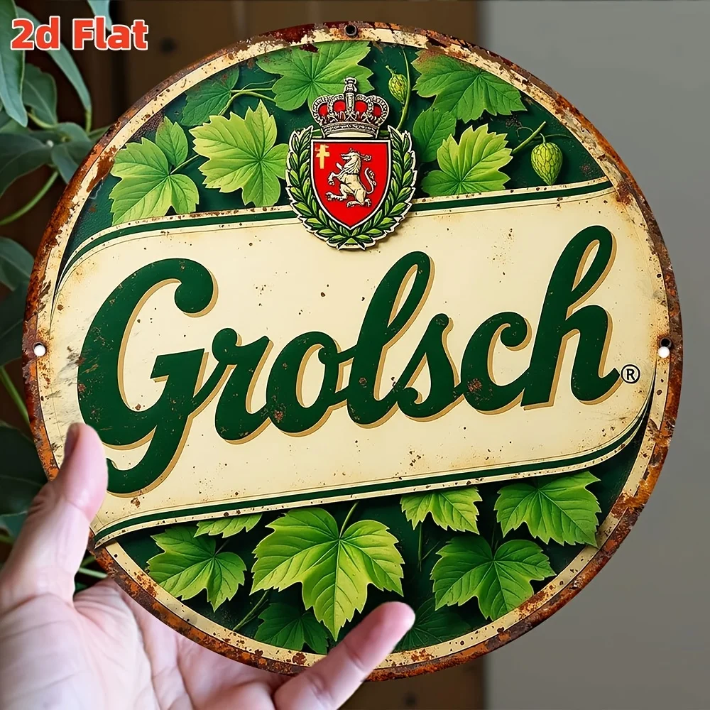 Vintage Grolsch Beer Metal Wall Sign - 19.81cm Round Waterproof Pub Decor, Man Cave Bar Restaurant Gift