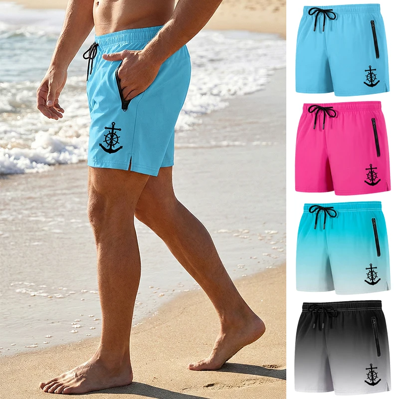

Мужские пляжные шорты с принтом якоря, сетчатой подкладкой и карманами на молнии, летние повседневные быстросохнущие шорты для плавания, плавки, купальник