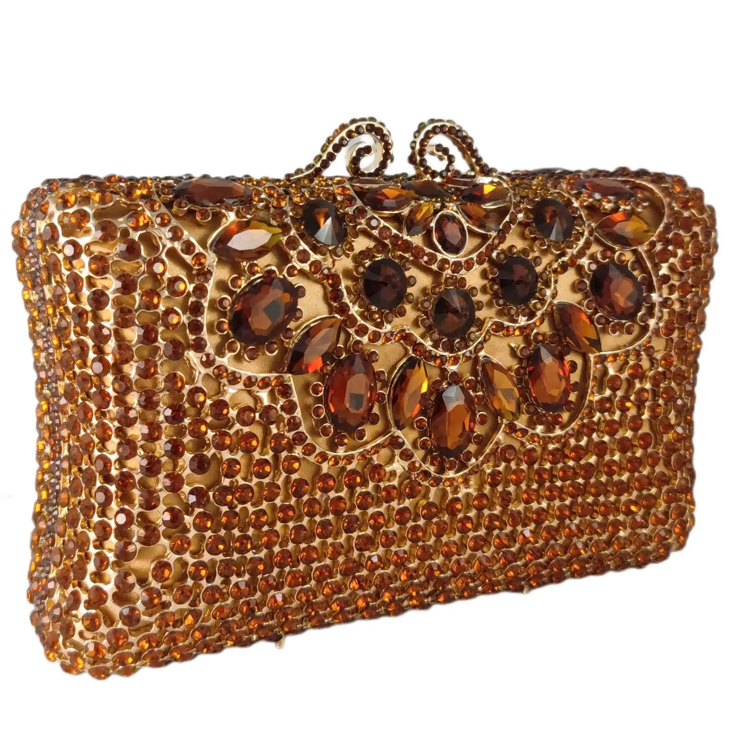 Boutique De FGG Women Brown Evening Bags for Formal Party Rhinestone Handbags Wedding Bridal Bronze Crystal Clutch Purse