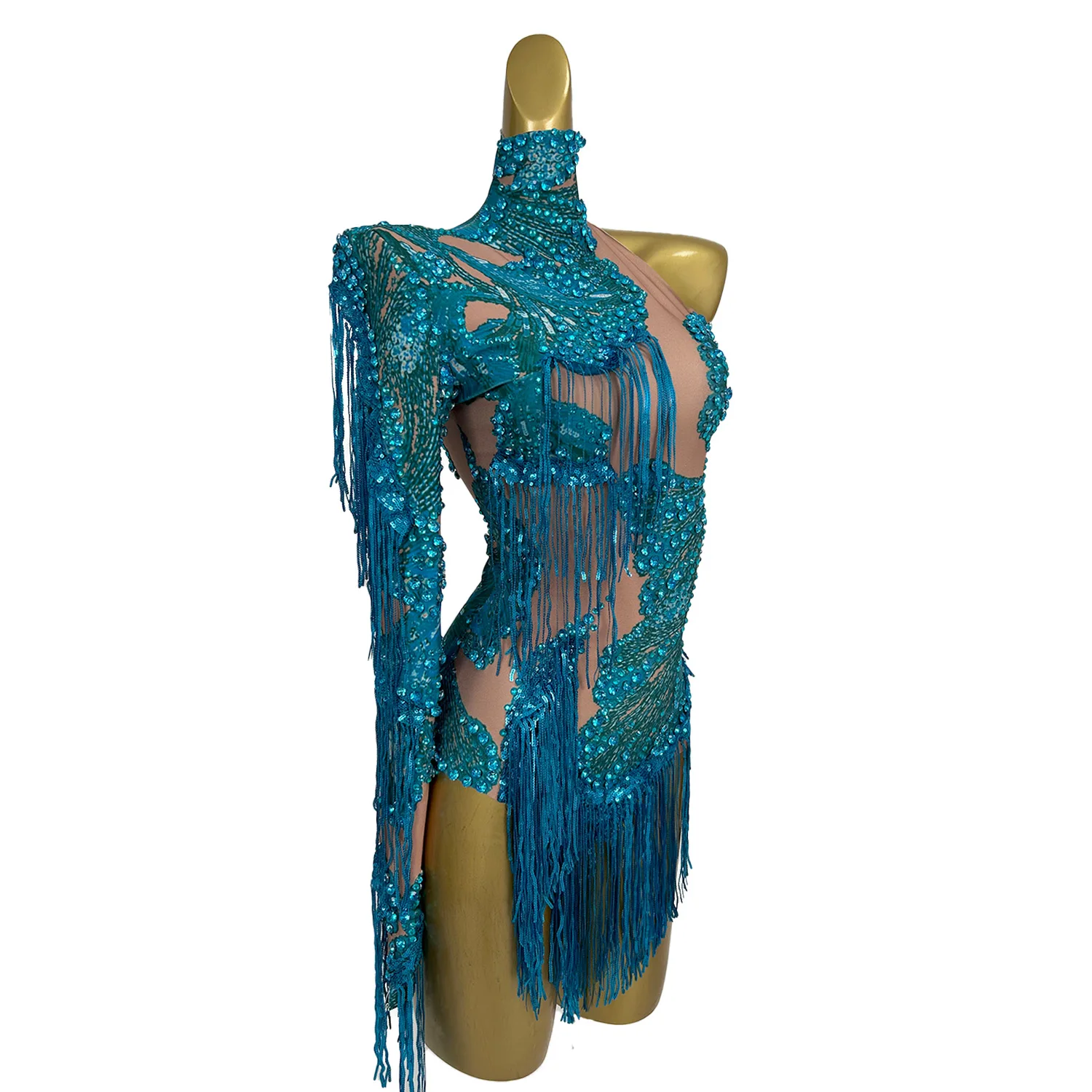 Duxiu Sparkly Blue Tassel Diamond One Shoulder Sleeve Bodysuit Women Sexy Skinny Party Singer Dancer Performance Stage Outfit
