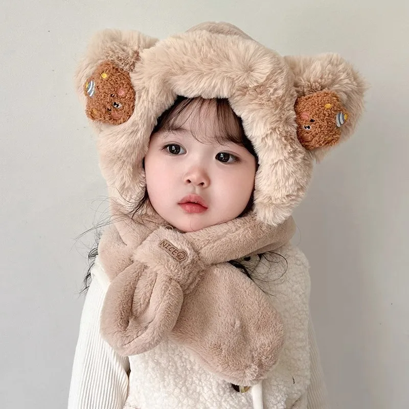 Winter All-in-one Hat Set for Boys and Girls, Cartoon Bear Doll Plush Scarf, Cute Warm and Comfortable Scarf