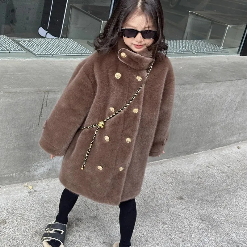 2024 Girls New Winter Faux Fur Coat Children Fashion Lamb Woolen Warm Thick Outweaer y1393