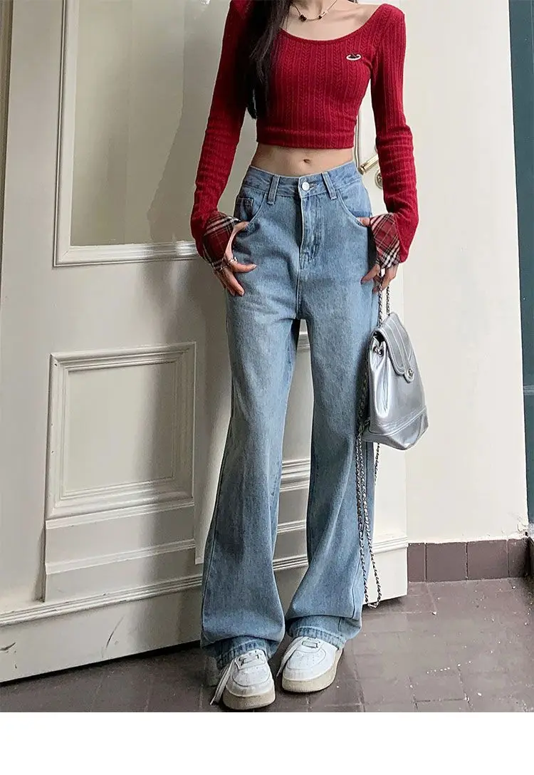 Pantalones vaqueros bordados de diseñador de estilo coreano para mujer en primavera, Pantalones rectos Retro de cintura alta, ropa de verano para mujer ancha