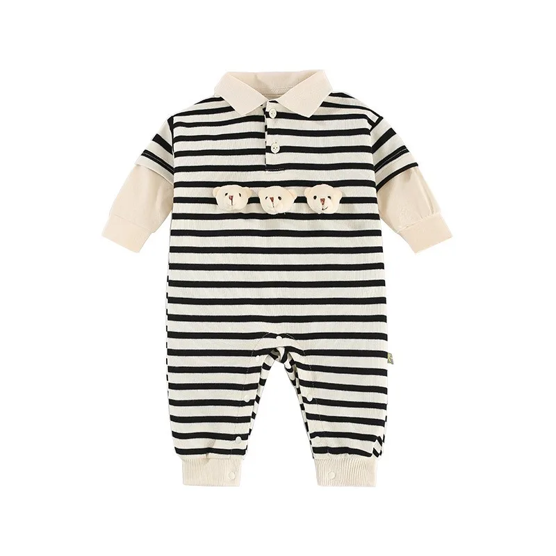 Newborn Striped Jumpsuit Comfortable Cute Bear Patterns Round Neck Spring Baby Cotton Crawling Suit 0-18Months Toddler Onesie