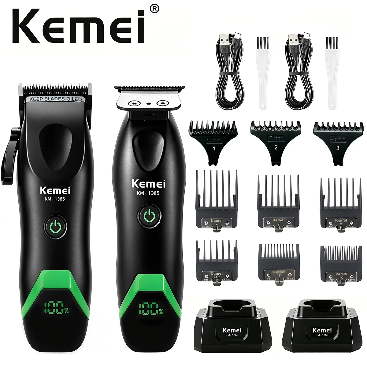 Kemei Professional Men's Haircut Kit KM-1386 mainly features clippers and the KM-1385 T-blade trimmer, with DLC-coated blades, a