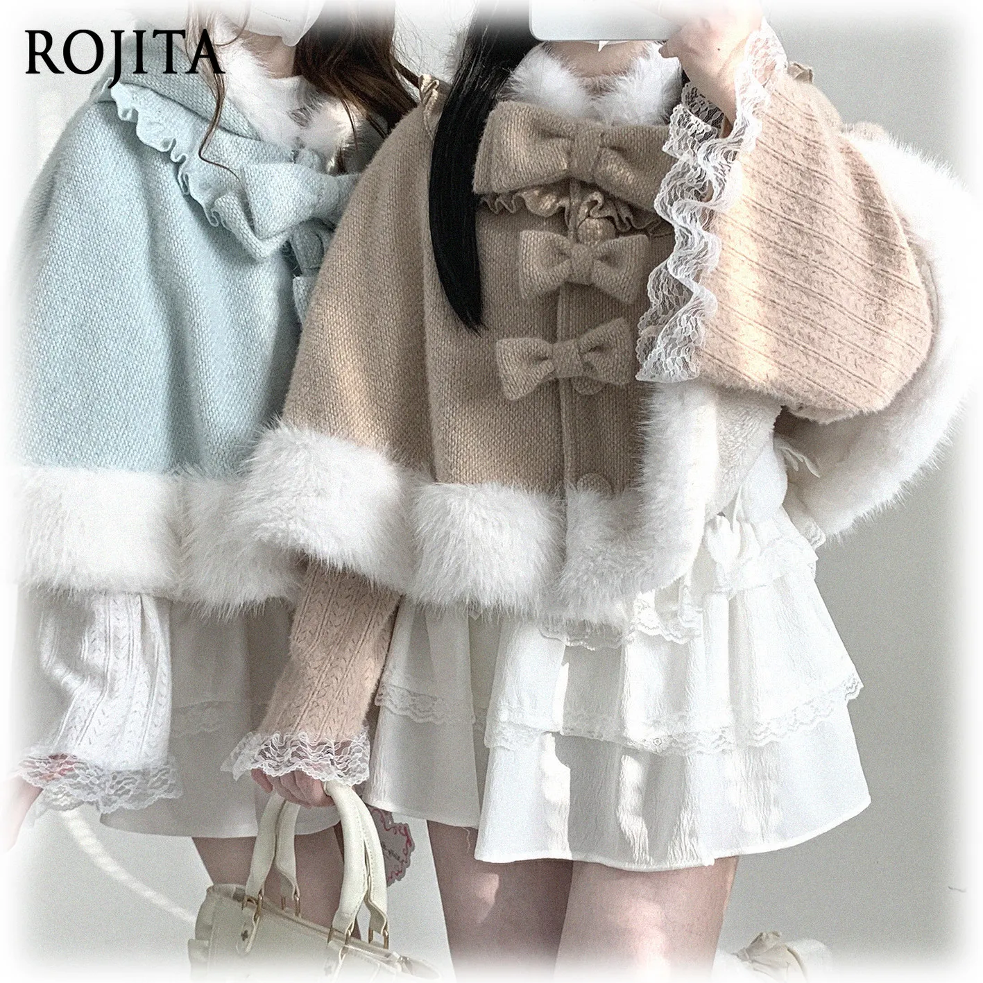 

Bowknot Cat Ear Hooded Fleece-Lined Small Cape Winter Thickened Warm Single-Breasted Black Cape Women