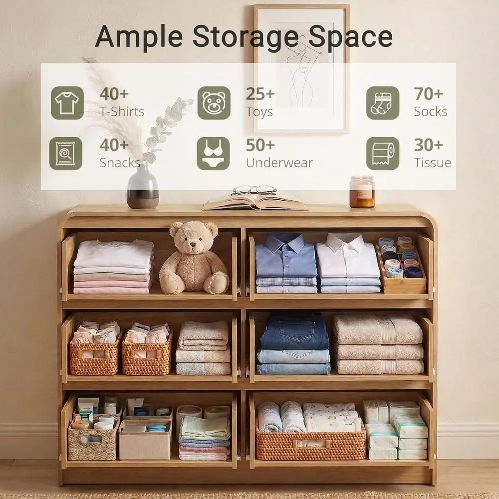 luted 6 Ders Drer or Bedroom, 54" Wide Wooden Drer with Metal Handle, Curved Proile Design, ern Storage Organizer or Bedroom, Li view 3