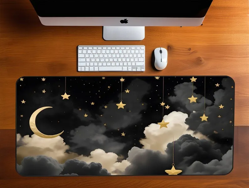 Gold Moon and Stars Celestial Desk Mat Led Gaming MousePad Black Drawing Cute 400x900mm MousePad Dark Color Office Accessories