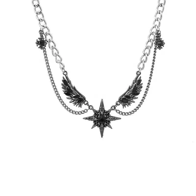 Gothic Demon Wings Black Heart Pendant Necklace For Women Unique Silver Color Star Neck Chain Halloween Jewelry Gifts