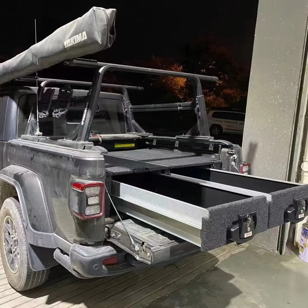 

Factory Customized Aluminum Pickup Truck Bed Storage Drawers System Double Drawers With Sliding Cargo Tray For Jeep Gladiator