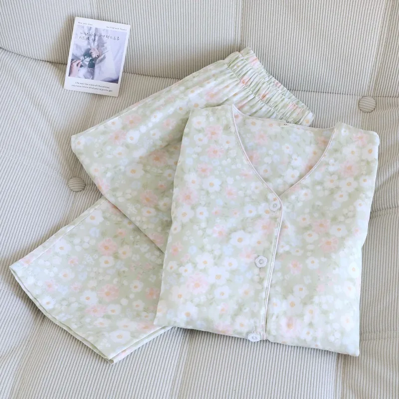 

2026 New Spring/Summer Women's Pajama Set 100% Cotton Gauze V Tie Chest Mat Long Sleeve Long Pants Thin Loose Home Clothes