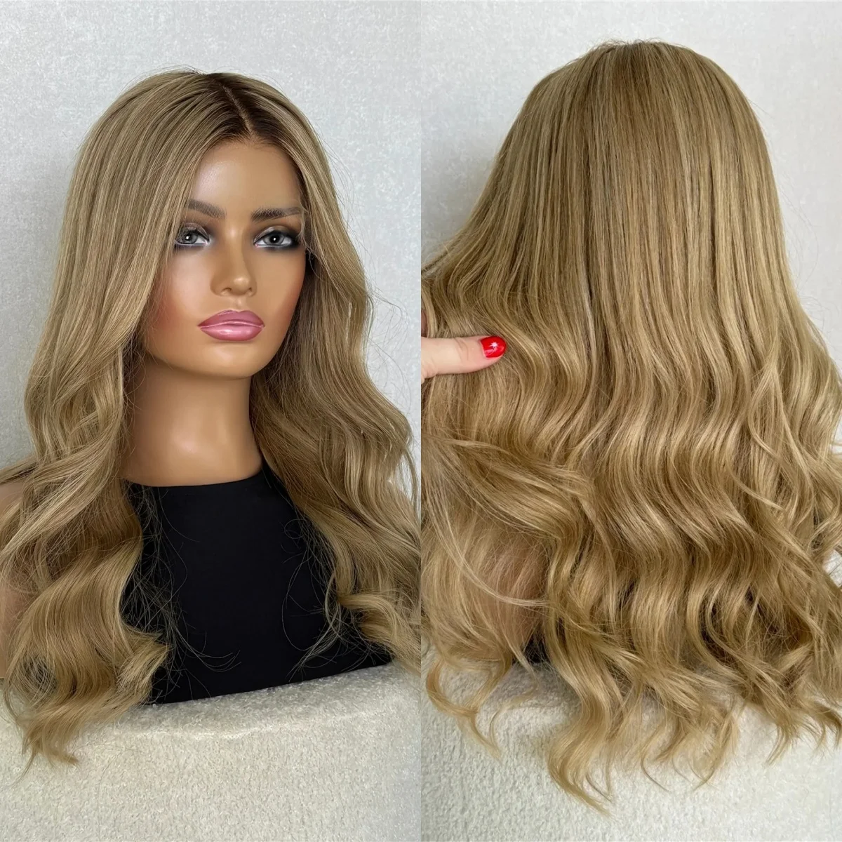

20-дюймовые парики с эффектом омбре, золотисто-русые с мелированием, волнистые, с кружевной передней частью, средней длины, высококачественные волосы для женщин