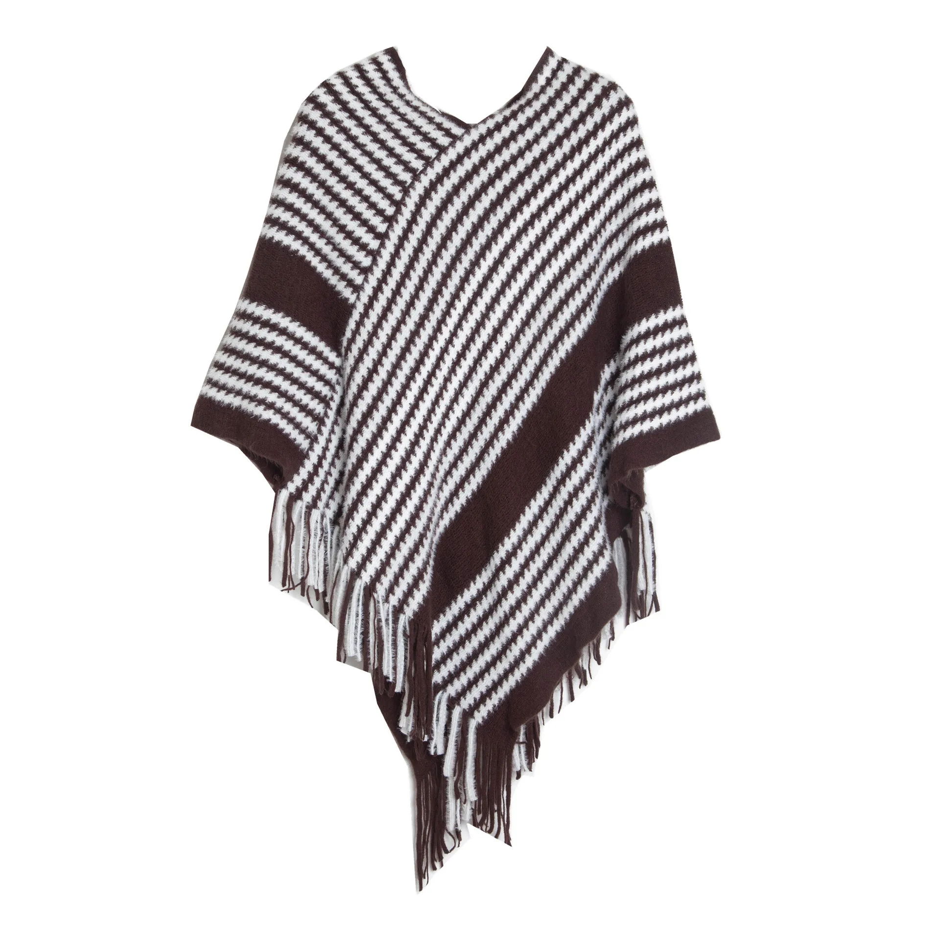 

Europe America Pullover Shawl Autumn Winter Knitwear Stripe Fashion Street Poncho Lady Capes Coffee Cloaks