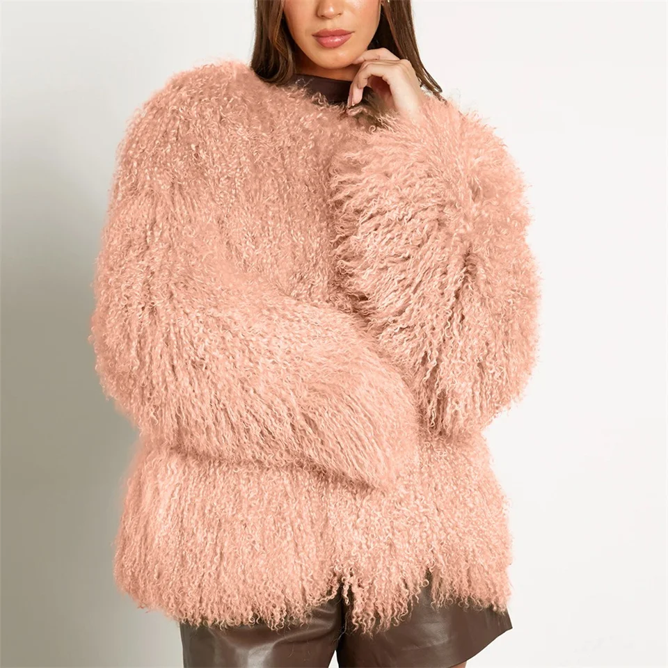 سترة نسائية من الفرو الصناعي 2025 معاطف جديدة من الصوف المنغولي المقلد معاطف نسائية قطيفة فروي بياقة مستديرة معطف نسائي معطف شتوي