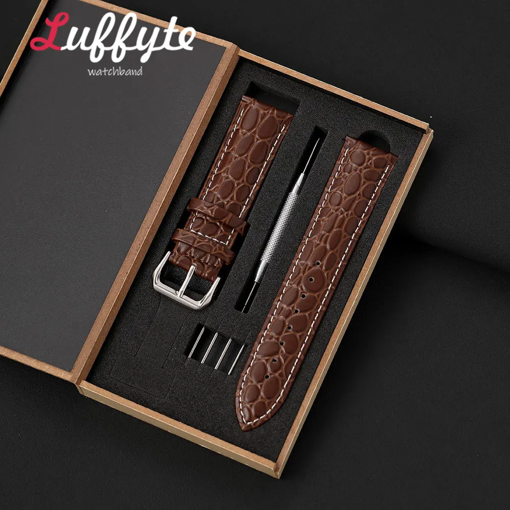 Men Crocodile Texture PU Leather Watchband 18mm 20mm 22mm 24mm with Gift Packing Box Replacement Strap Watch Accessories