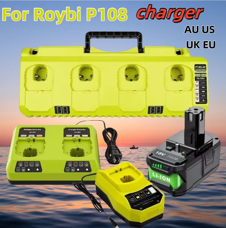 

NEW 4-Ports 3A Current Rapid Charger Replacement For Ryobi Power Tool 12V 18V 20V Li-ion Batteries P108，with Dual USB