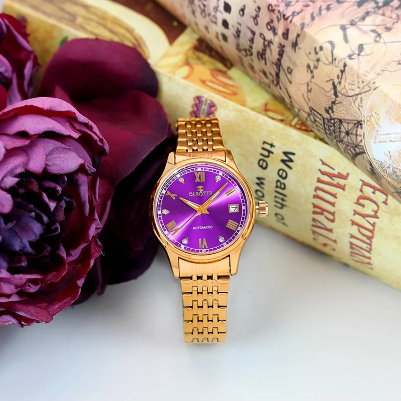 

Мужские желтые и фиолетовые стальные ремешки в деловом стиле, роскошные автоматические механические часы с указателем календаря