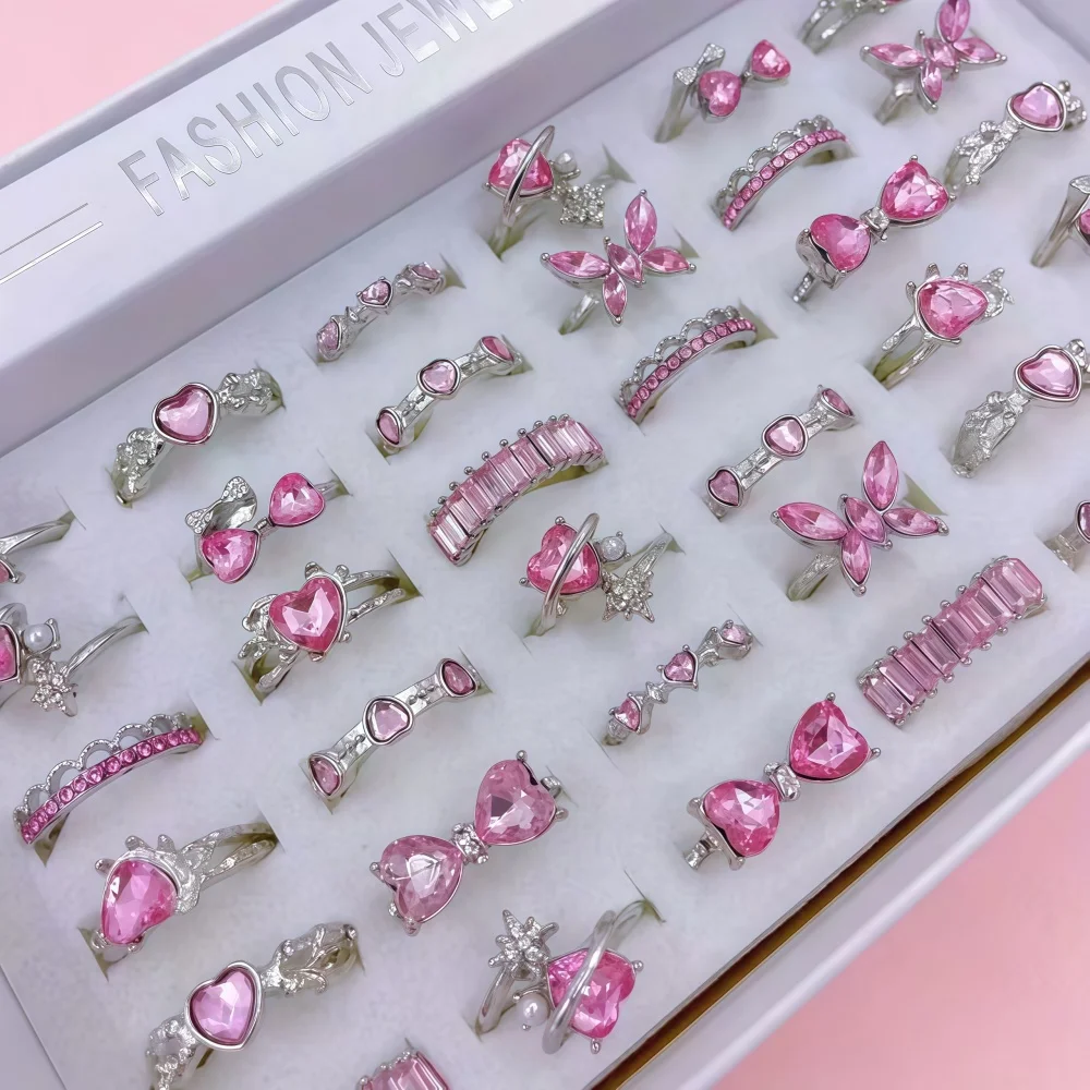 12Pieces Fashion Pink Rhineston Rings Set For Women Mix Butterfly Heart Love Open Adjustion Daily Jewelry Party Gifts